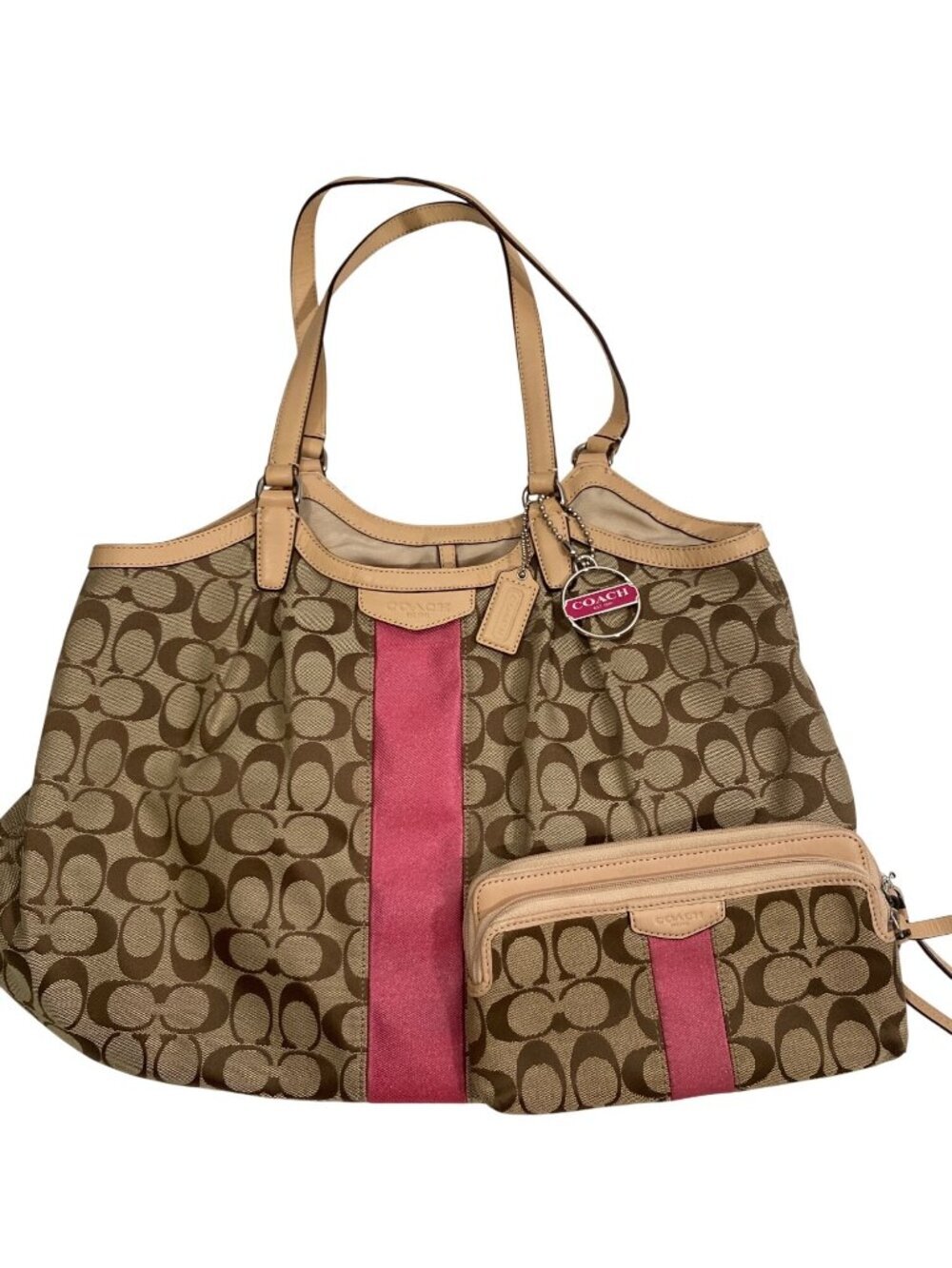 Coach Signature Devin Stripe shoulder Bag Pink Accent with matching wristlet